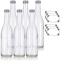 12 oz Clear Glass Vintage Bottle with Silver Aluminum Cap (6 pack) + Labels for Sauce, Dressings, Syrup, and Marinades
