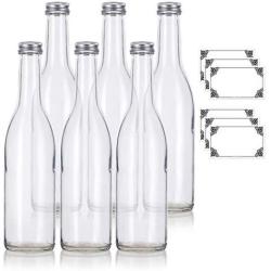 12 oz Clear Glass Vintage Bottle with Silver Aluminum Cap (6 pack) + Labels for Sauce, Dressings, Syrup, and Marinades