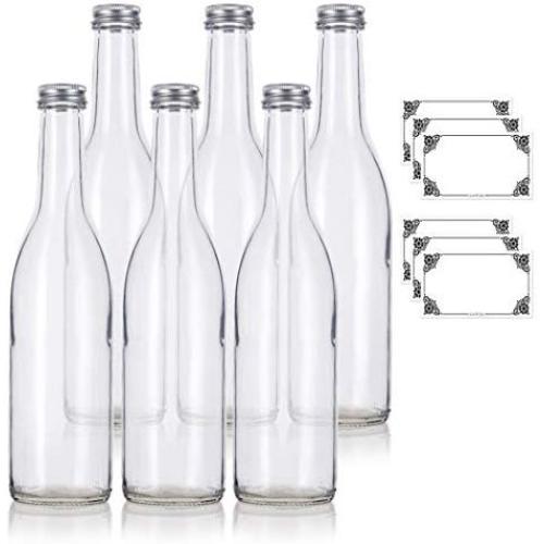 12 oz Clear Glass Vintage Bottle with Silver Aluminum Cap (6 pack) + Labels for Sauce, Dressings, Syrup, and Marinades