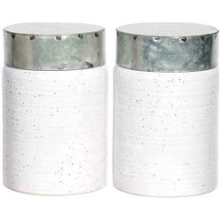 Farmhouse Glazed Vintage Stoneware Ceramic Storage Jar Canister with Galvanized Lid - 34 Ounces - Set of 2