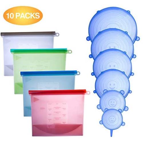 4 Reusable Silicone Food Storage Bags & 6 Silicone Stretch Lids Covers, Ziplock Airtight Seal Silicone Cooking Sous Vide Freezer Microwave Bags Bags for Lunch Snacks Sandwiches Fruits