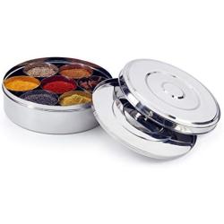 Zinel Spice Box/Masala Dabba with 7 Comparments and 2 Stainless Steel Lids, 18cm, Silver