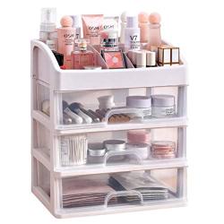 CheeseandU Cosmetic Makeup Organizer Plastic Storage Box with 3 Drawers Small Bathroom Makeup Storage Case Multi-Function Desktop Sundry Storage Case Fits for Toner Cream Perfume Makeup Brushes White