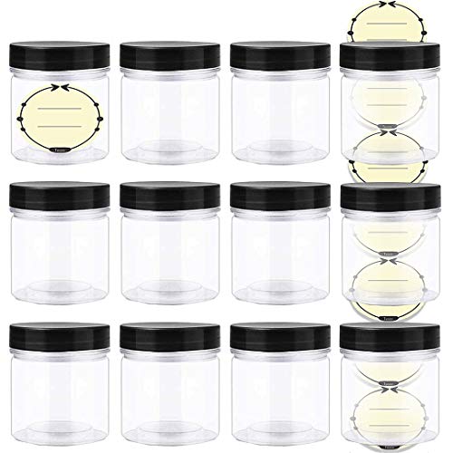 4-Oz Empty Clear Plastic Slime containers with Lids and Labels, Refillable Round Low Profile Containers For Cosmetics, Lotions, Butters, Body sugar scrubs & Beauty Products (12 Pack)