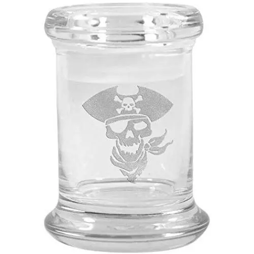 Clear Glass Herb Stash Jar and Lid 2.75 oz Pirate Skull Logo from Smoke Promos Clear Glass Herb Stash Jar and Lid 2.75 oz Pirate Skull Logo from Smoke Promos