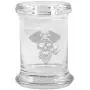 Clear Glass Herb Stash Jar and Lid 2.75 oz Pirate Skull Logo from Smoke Promos Clear Glass Herb Stash Jar and Lid 2.75 oz Pirate Skull Logo from Smoke Promos