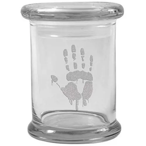 Clear 8 oz Glass Herb Stash Jar and Lid with Zombie Hand Logo from Smoke Promos Clear 8 oz Glass Herb Stash Jar and Lid with Zombie Hand Logo from Smoke Promos