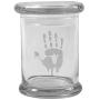Clear 8 oz Glass Herb Stash Jar and Lid with Zombie Hand Logo from Smoke Promos