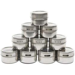 Magnetic Spice Tins by ZeeBelka-12 Multi-Purpose Stainless Steel Containers with 150 labels and chalkboard pen- Round Jars for Storage Organization with Clear Lids-Magnetic on Fridge & Sift/Pour Slots
