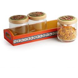 ExclusiveLane ‘Threes A Tribe’ Dhokra Snacks Jar Set in Glass with Warli Hand-Painted Wooden Tray -Cookie Jar Containers Spice Storage Canisters Kitchen Box Tableware Serveware