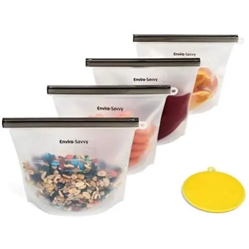Sacs de conservation alimentaire réutilisables, résistants au micro-ondes et au congélateur, étanches, compatibles à la vapeur et à l'ébullition, comprenant 4 sacs en silicone transparents de 4 litres et un brosse gratte par Enviro-Savvy. Sacs de conservation alimentaire réutilisables, résistants au micro-ondes et au congélateur, étanches, compatibles à la vapeur et à l'ébullition, comprenant 4 sacs en silicone transparents de 4 litres et un brosse gratte par Enviro-Savvy.