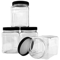 4 BPA Free Jars with Lids PACK of Clear Empty Plastic Storage Holders- Square Food Grade Air Tight Container with Easy Grip Handles - Jar Multi Purpose