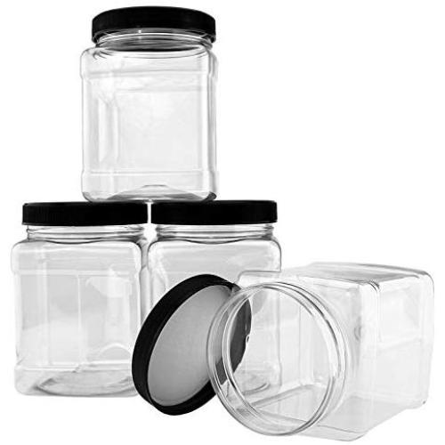 4 BPA Free Jars with Lids PACK of Clear Empty Plastic Storage Holders- Square Food Grade Air Tight Container with Easy Grip Handles - Jar Multi Purpose