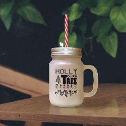 Maroon Holly Star, Christmas Tree Lights Mistletoe Frosted Glass Mason Jar With Straw