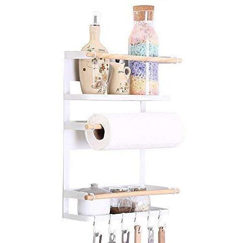 Kitchen Rack - Magnetic Fridge Organizer - 18x12.7x5 INCH - Paper Towel Holder, Rustproof Spice Jars Rack, Heavy-duty Refrigerator Shelf Storage Including 6 Removable Hooks (WHITE) - 2019 New Design