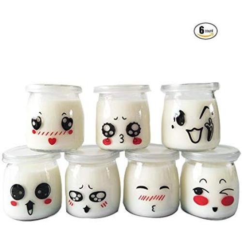 Sunormi 200ml Emoticon Design Glass Pudding Yogurt Jars With Lids 6oz,6Pcs