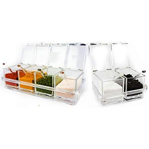 Six Compartment Condiment & Spice Box Serving Set with Spoons - 2 & 4 Section Seasoning Storage Container Rack Combo Set with Removable Cruet Jars (6 oz capacity each) | by ImpiriLux