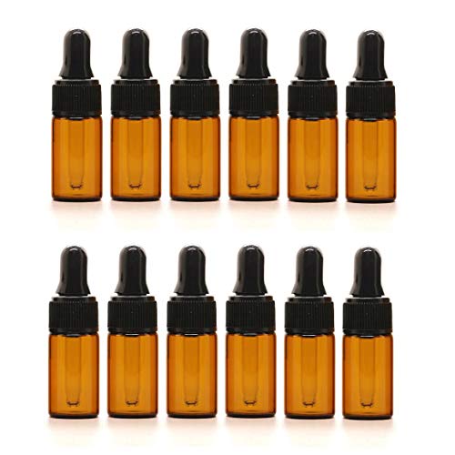 12PCS 3ML 0.1OZ Brown Empty Glass Dropper Bottles with Black Cap Essential Oil Storage Holder Small Sample Jar Refillable Portable Durable Cosmetic Container for Travel Daily Life