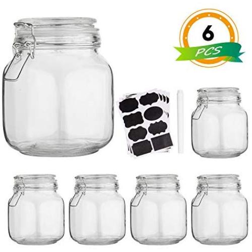 Glass Kitchen Storage Canister Mason Jars with Lids,32oz Airtight Glass Canister with Hinged Lid，Perfect for Kitchen Canning Cereal,Pasta,Sugar,Beans (Labels & Chalk Marker)-Set of 6