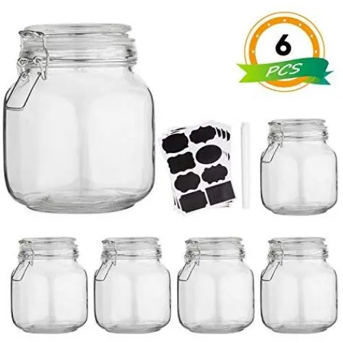 Bouteilles en verre pour stockage de cuisine, bocaux avec couvercle à fermeture, 32oz, hermétiques, parfaits pour la conservation, céréales, pâtes, sucre, haricots (étiquettes & marqueur à craie) - Ensemble de 6. Bouteilles en verre pour stockage de cuisine, bocaux avec couvercle à fermeture, 32oz, hermétiques, parfaits pour la conservation, céréales, pâtes, sucre, haricots (étiquettes & marqueur à craie) - Ensemble de 6.