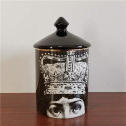 ANH19 3 Wick Candle Holder- Classic Fornasetti Candle Holder with blacklid Ceramic Storage Bin Art Candlestick Holder Retro Handmade Storage Jars Home Decor