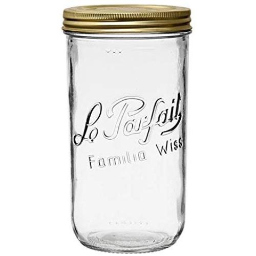 Le Parfait Familia Wiss Terrine - 1.5L Wide Mouth French Glass Mason Jar w/ 2-Piece Gold Lid, 48oz/Quart & Half (Single Jar)