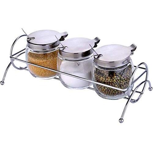 Kitchen Storage Containers Glass Jars,Iron Spice Rack Set Send Spoon,Oil Vinegar Pot Kitchen Supplies Pack of 3
