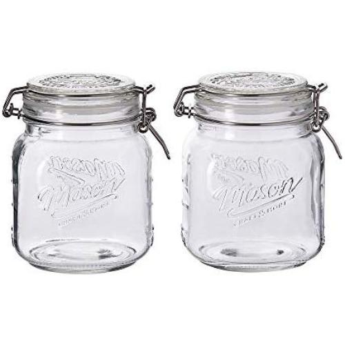 Mason Craft & More Airtight Kitchen Food Storage Clear Glass Clamp Jars, 2 Pack of 34 Ounce (1 Liter) Medium Clamp Jar