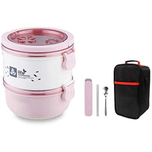 Tragbarer Mehrfächer-Thermoskanne 304 Edelstahl-Lebensmittelflasche für Kinder, Dicht versiegelter Isolierbehälter, Isolierbeutel (Farbe: Rosa, Größe: 1400ml)