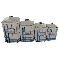 Earthenware Storage Jars, Set of 4, French Vintage Hand Painted Design &quotCarreaux"