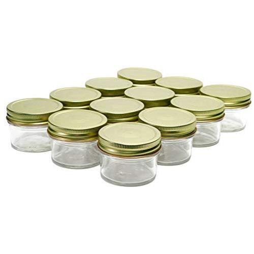 North Mountain Supply 4 Ounce Glass Regular Mouth Mason Canning Jars - with Gold Metal Safety Button Lids - Case of 12