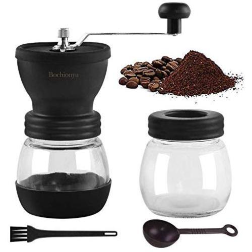 Bochionyu Manual Coffee Grinders, Portable Hand Coffee Mill with Adjustable Ceramic Burrs, Cleaning Brush, Glass Storage Jars, Silicone Non-Slip Mat, Silicone Dust-Proof Cover for Beans, Easy to Clean (Black)