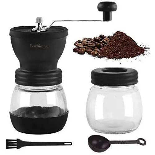 Bochionyu Manuelle Kaffeemühlen, Tragbare Handmühle mit verstellbaren Keramikmahlwerken, Reinigungsschwamm, Glasbehälter, Silikon-Nichtrutschmatten, Silikon-Dichtung zur Staubabdichtung, leicht zu reinigen (Schwarz)