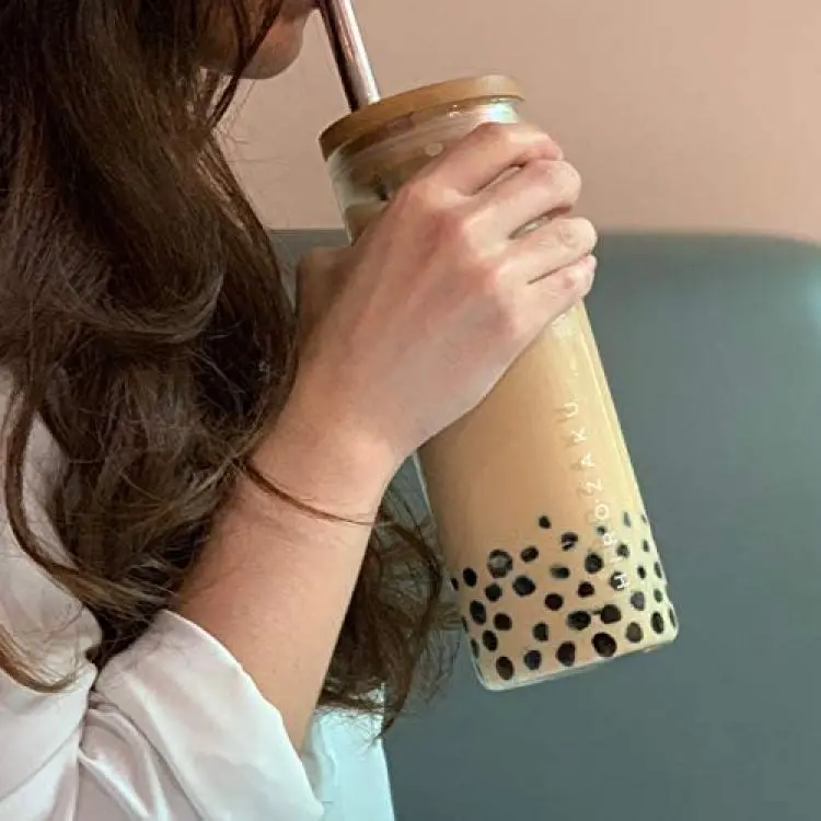 24oz Straw Cup with Wooden Lid Reusable Bubble Tea Glass Cup with Straw for  Smoothie Boba Milkshake Drinking Straws Cup Glasses