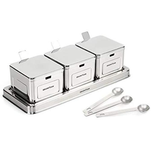 SERAFINO ZANI Rhine Series 18/10 Stainless Steel 3-pcs Seasoning Box, Storage Container Condiment Jars,Sessoning Rack Spice Pots with Serving Spoons