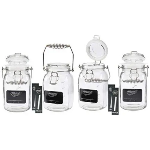 Mason Craft & More Food Storage Collection- Leak Proof Glass Container BPA Free Plastic Locking Lid, 4 Pack of 1.38 Liter Food-on-the-Go Clamp Jar with Handle Mason Craft & More Food Storage Collection- Leak Proof Glass Container BPA Free Plastic Locking Lid, 4 Pack of 1.38 Liter Food-on-the-Go Clamp Jar with Handle