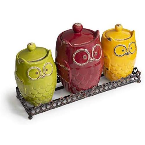 Kitchen Canister Set & Metal Tray- Ceramic Canister Set with Base- Earthenware Owl Design Kitchen Canister- Chef Deluxe Kitchen Canister