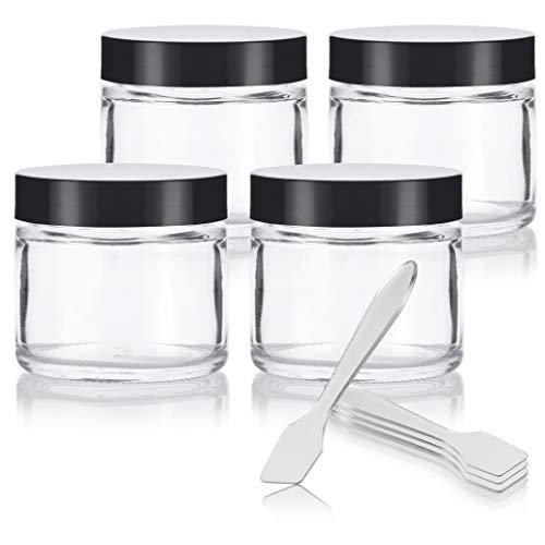 Clear Thick Glass Straight Sided Jars - 2 oz / 60 ml (4 Pack) + Spatulas