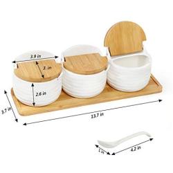 Porcelain Condiment Jars Set of 3 Ceramic Seasoning Jar Bowl Spice Sugar Container Storage Organizer with Bamboo Cap Holder & Ceramic Spoon for Kitchen Home Coffee