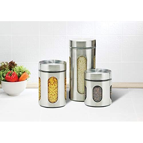 Stainless Steel Canister Set, Three-Piece Food Storage Containers Set with Airtight Lids and Glass Windows
