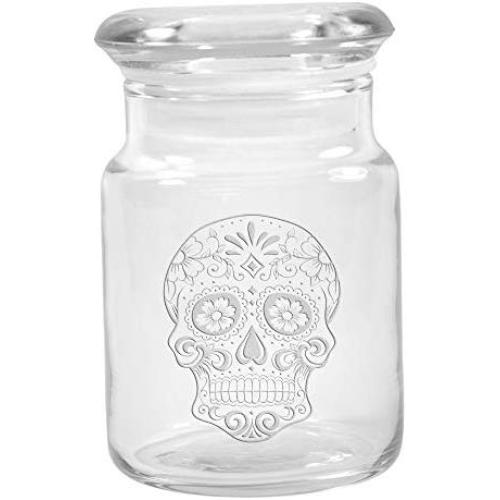 Clear Glass Herb Stash Jar with Lid 4.5 oz with Sugar Skull Logo from Smoke Promos