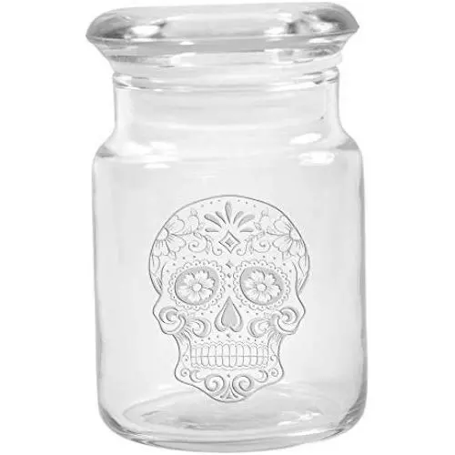 Clear Glass Herb Stash Jar with Lid 4.5 oz with Sugar Skull Logo from Smoke Promos