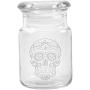 Clear Glass Herb Stash Jar with Lid 4.5 oz with Sugar Skull Logo from Smoke Promos