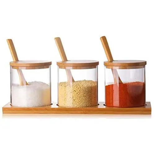 3-teiliges Set Glas Gewürzgläser Cruet Glas Salz Zucker Behälter Speicherbehälter Gewürzglas mit Holzschöpfel Küchenutensilien Gewürzbehälter