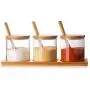 3-teiliges Set Glas Gewürzgläser Cruet Glas Salz Zucker Behälter Speicherbehälter Gewürzglas mit Holzschöpfel Küchenutensilien Gewürzbehälter