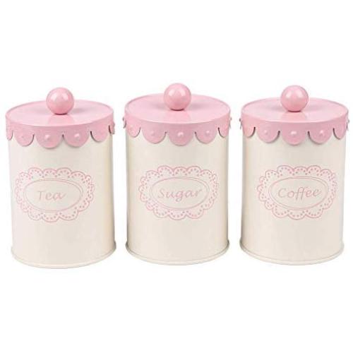 Home By Jackie X789 Set of 3 Metal Kitchen Food Storage Tin Canister/Jar/Container with Flower Lid (pink)