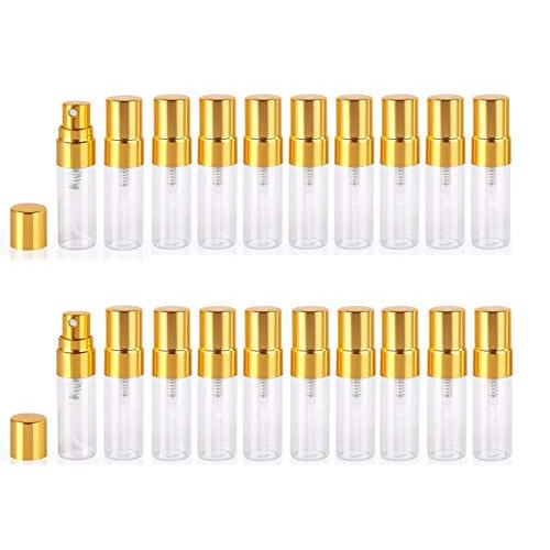 Atomizer Glass bottle Spray Bottle, 3ml Refillable Fragrance Perfume Mini Fine Mist Travel Small Empty Bottle Fragrance Clear Bottle With Aluminum Nozzle,20pcs (Gold)