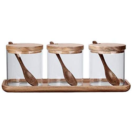 Kitchen Canister With 3pc Glass Spice Condiment Jars Sugar Can Food Storage Containers with Wood Lids and Wooden Spoon for Coffee Spice Storage Container