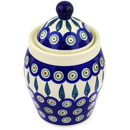 Polish Pottery 6?-inch Jar with Lid (Peacock Leaves Theme) + Certificate of Authenticity