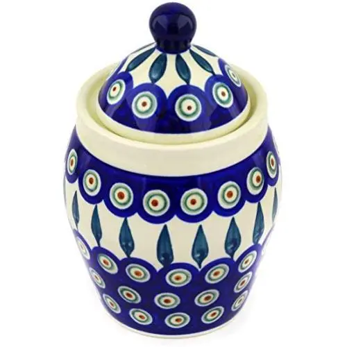 Polish Pottery 6?-inch Jar with Lid (Peacock Leaves Theme) + Certificate of Authenticity Polish Pottery 6?-inch Jar with Lid (Peacock Leaves Theme) + Certificate of Authenticity